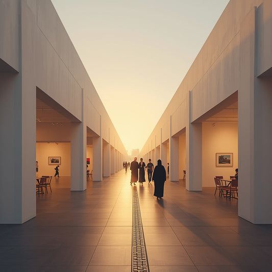 Alserkal Avenue in Dubai’s Al Quoz district — minimalist industrial warehouses transformed into contemporary art galleries at sunset.