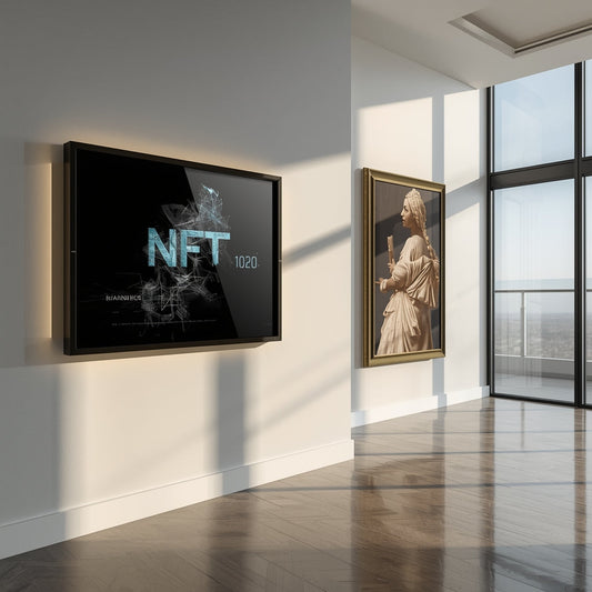 Digital frame displaying NFT art in a luxury Dubai penthouse, next to a traditional painting – symbolizing the fusion of physical and digital in contemporary art.