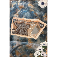 Two torn 500 rial banknotes float above a bridge, with flowers in the foreground