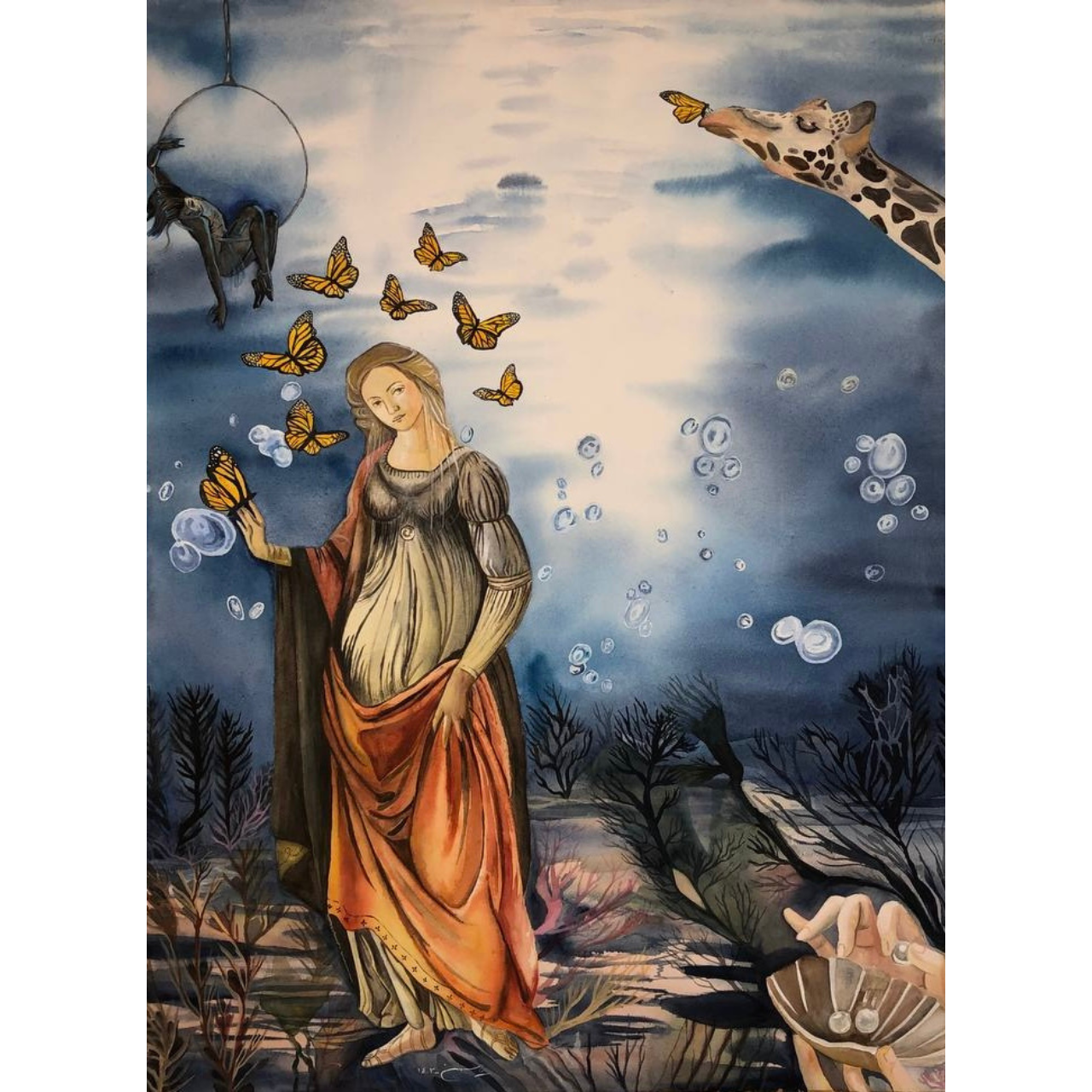 A woman, embodying the goddess of love and fertility, stands in a surreal, dreamlike setting. She holds a butterfly in one hand, surrounded by more butterflies and floating bubbles. A giraffe peers from the top corner, while a horse swings from a hoop above her. The background blends soft blues, purples, and oranges, with detailed underwater plants and a hand holding a shell in the lower corner, creating a mystical and serene atmosphere.
