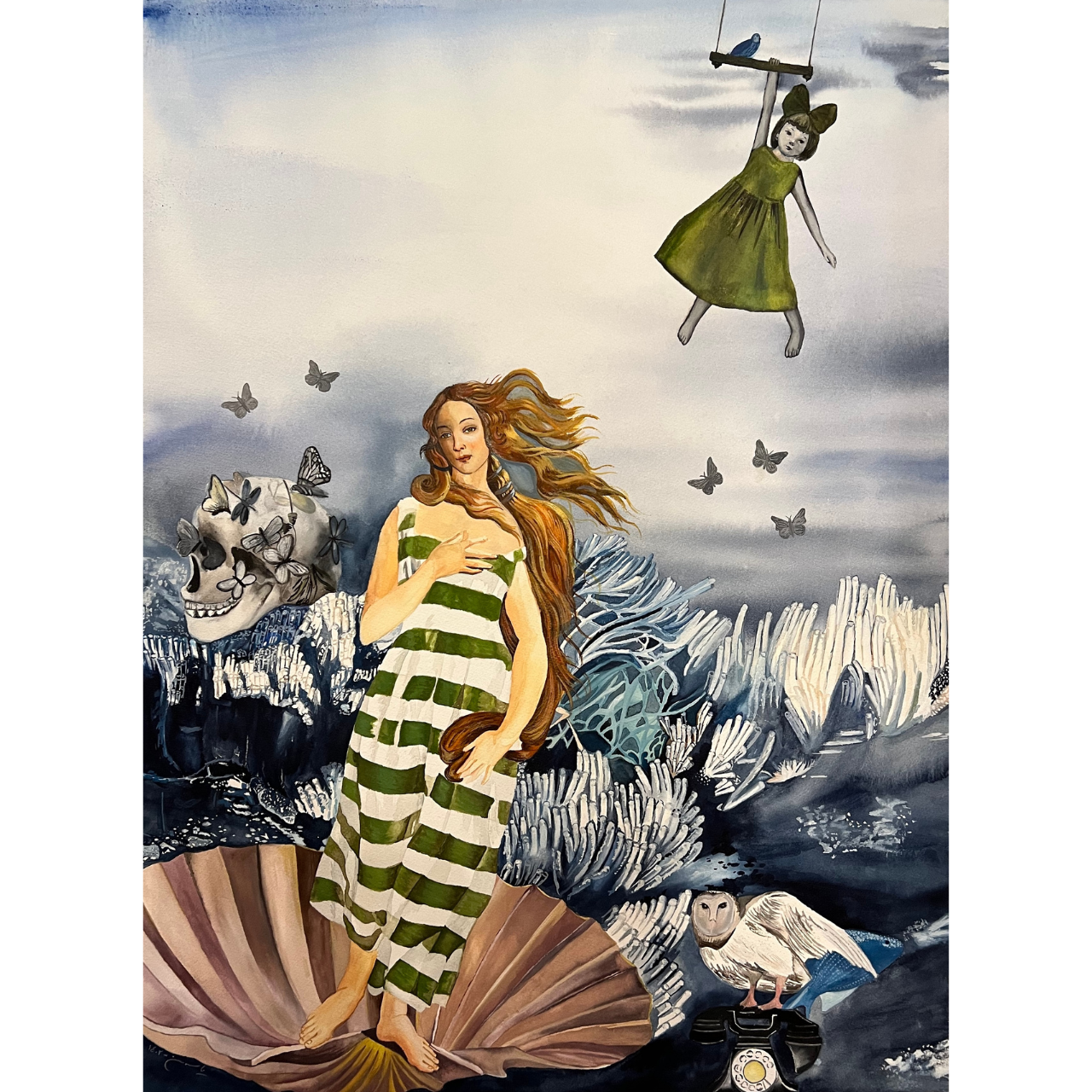 A woman in a green and white striped dress stands on a large shell, with her hair flowing in the wind. Above her, a girl in a green dress swings from a rope, while a monkey and an owl are positioned in the foreground, with a skull and underwater plants surrounding her. Butterflies float around the scene, blending dreamlike and surreal elements with a soft, underwater-like atmosphere.