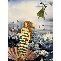 A woman in a green and white striped dress stands on a large shell, with her hair flowing in the wind. Above her, a girl in a green dress swings from a rope, while a monkey and an owl are positioned in the foreground, with a skull and underwater plants surrounding her. Butterflies float around the scene, blending dreamlike and surreal elements with a soft, underwater-like atmosphere.