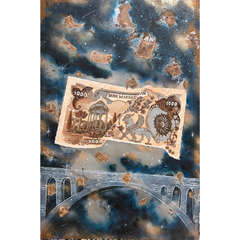 A torn 1000 rial banknote, featuring a detailed illustration of a gazebo and a horse-drawn carriage, floats above a stone bridge. The background is a cosmic blend of blue, brown, and gold hues, with scattered pieces of torn banknotes and sparkling stars, creating a dreamy, surreal atmosphere.