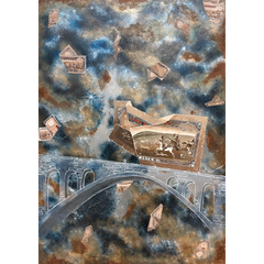 A torn banknote, featuring an image of horseback riders, floats above a stone bridge. The scene is set against a cosmic sky filled with swirling blue, brown, and golden hues, with scattered pieces of torn banknotes and sparkling stars creating a surreal atmosphere.