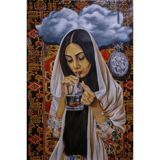 Woman in white scarf drinking from a glass with red fish