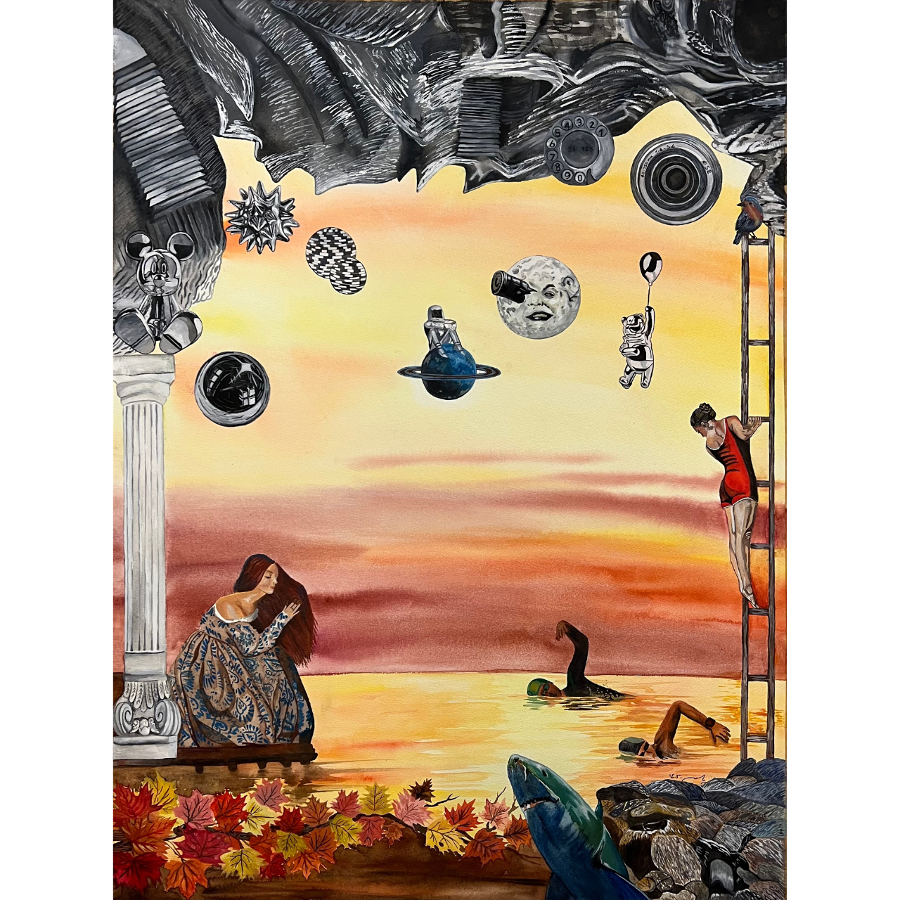 A surreal scene of figures in the water, a ladder, and cosmic elements above.