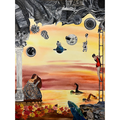 A surreal scene of figures in the water, a ladder, and cosmic elements above.
