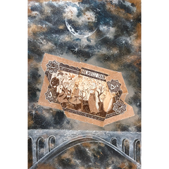 A torn banknote from Bank Melli Iran, featuring a scene of dancers, floats above a stone bridge. The cosmic background, with swirling clouds in shades of blue, brown, and gold, is dotted with sparkling stars and a crescent moon, creating a dreamy, surreal atmosphere.
