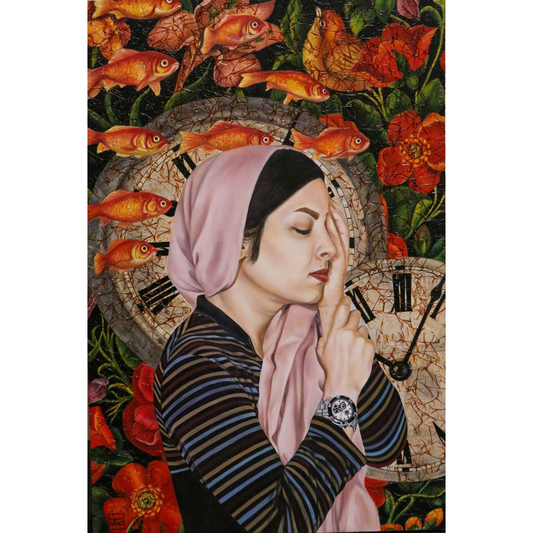 A woman wearing a soft pink headscarf gently rests her hand on her face, creating a peaceful, introspective expression. Behind her, a large clock with Roman numerals is partially visible, surrounded by colorful red and orange flowers. Several golden fish swim through the scene, adding movement to the serene composition.
