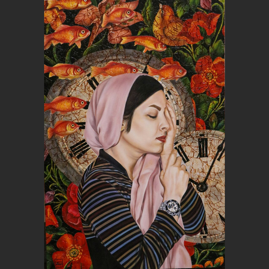 A woman in a pink headscarf, with a clock and goldfish in the background.