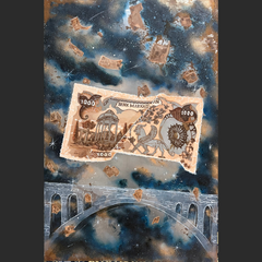 A torn 1000 rial banknote floats over a bridge with a cosmic backdrop