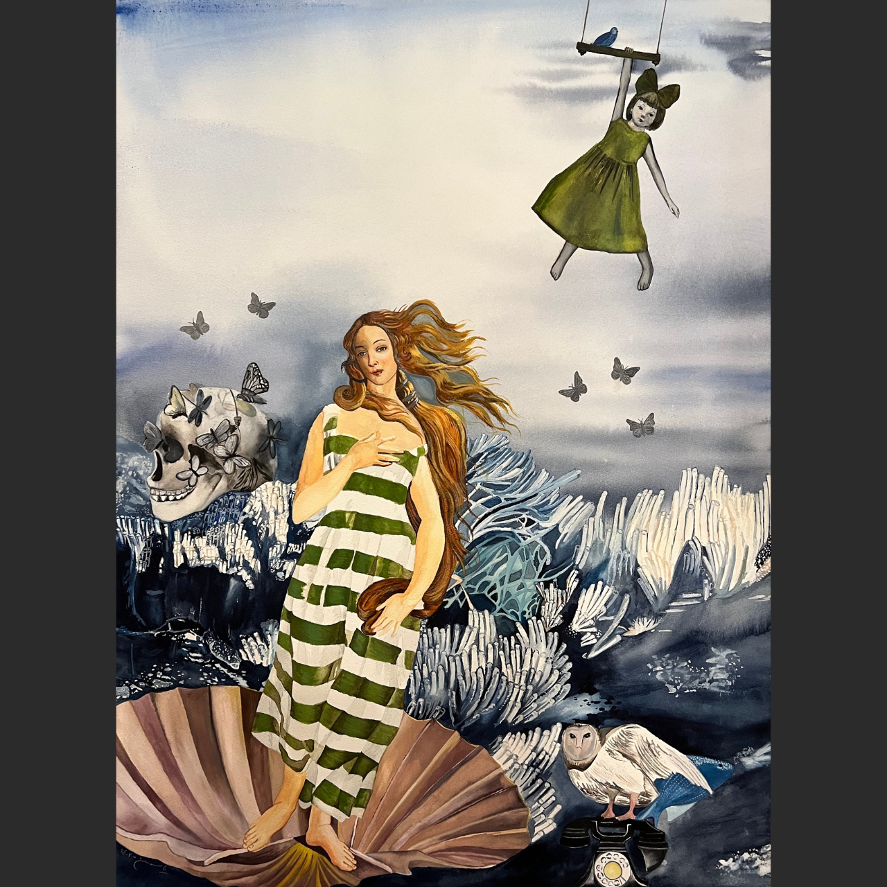 A woman in a striped dress stands on a shell with surreal elements floating around her.