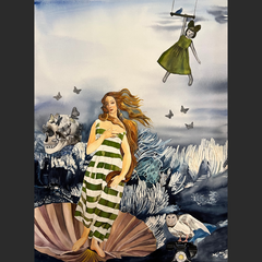 A woman in a striped dress stands on a shell with surreal elements floating around her.