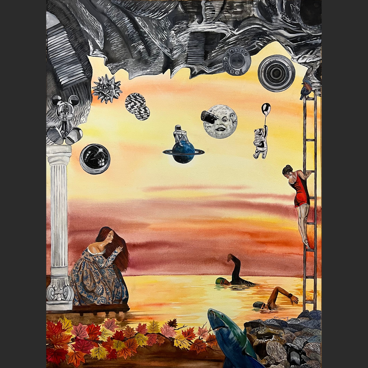 A surreal landscape depicting a scene where a woman in a dress sits by the water, surrounded by floating cosmic elements like planets, the moon, and stars. A figure climbs a ladder towards the sky, while several figures swim in the water. The scene is framed by autumn leaves in the foreground and dark clouds above, creating an otherworldly, dreamlike atmosphere.