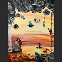 A surreal landscape depicting a scene where a woman in a dress sits by the water, surrounded by floating cosmic elements like planets, the moon, and stars. A figure climbs a ladder towards the sky, while several figures swim in the water. The scene is framed by autumn leaves in the foreground and dark clouds above, creating an otherworldly, dreamlike atmosphere.