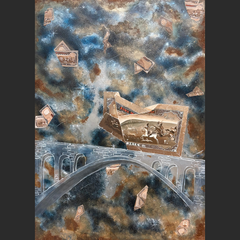 A torn banknote floats over a bridge, set against a cosmic background.