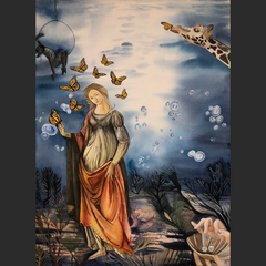 A goddess-like figure surrounded by butterflies, bubbles, and animals in a surreal scene.