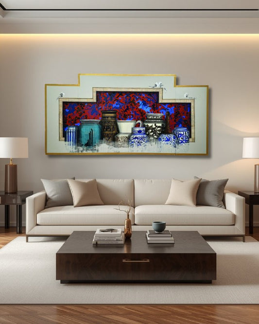 A contemporary living room featuring an artwork by Alireza Rooholamini — a vibrant Persian calligraphy composition with traditional pottery and blue accents displayed above a modern beige sofa, blending classical symbolism with modern elegance.