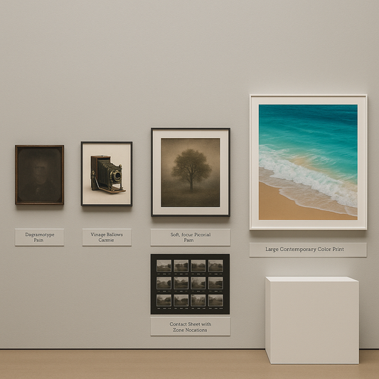 Timeline collage showing a daguerreotype plate, soft-focus pictorial print, Ansel Adams