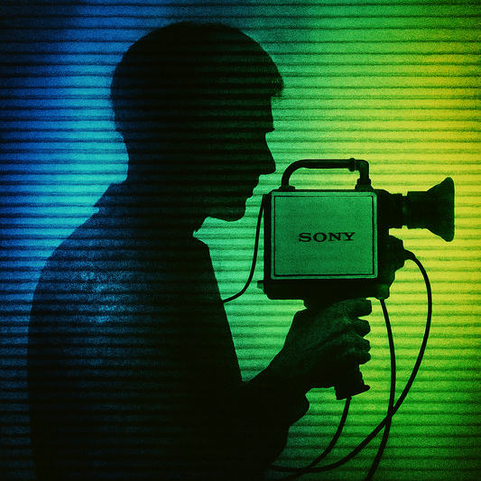 Conceptual montage of a CRT screen’s glowing scanlines morphing into a human silhouette holding a Portapak—symbolizing video art’s turn from broadcast signal to self-exploration.