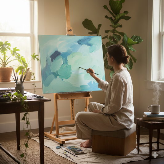 Hero: Person painting abstract calming colors in a sunlit home studio, illustrating art as self-care.