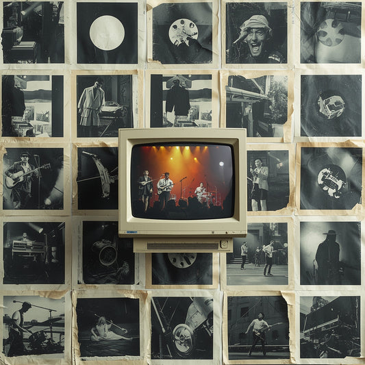 Collage of photo contact sheets and paused video frame documenting a performance.