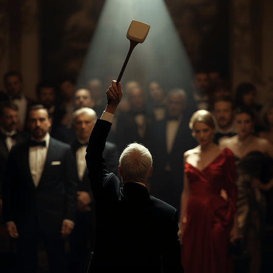 A luxurious private auction hall with a collector’s raised paddle under a spotlight, symbolizing hidden power and influence in the art market.