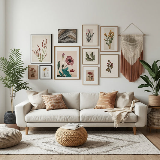 A cozy modern living room featuring a gallery wall with framed printable art, DIY paintings, and botanical elements — showcasing affordable and creative wall decor ideas.