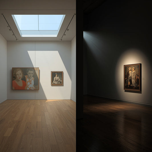 Lighting Grammar: one gallery vignette in flat, even skylight; second vignette with dramatic spotlights and deep shadows; side-by-side comparison.
