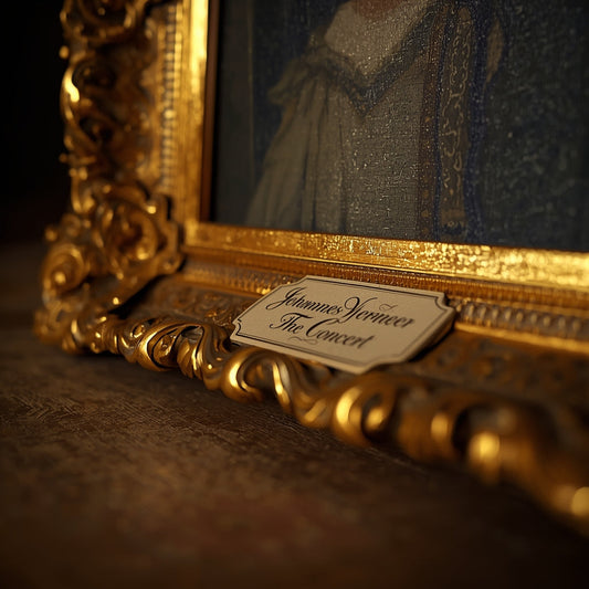 Vermeer Missing: close view of an empty Dutch frame label “Johannes Vermeer — The Concert”, soft Rembrandt lighting, shallow depth.