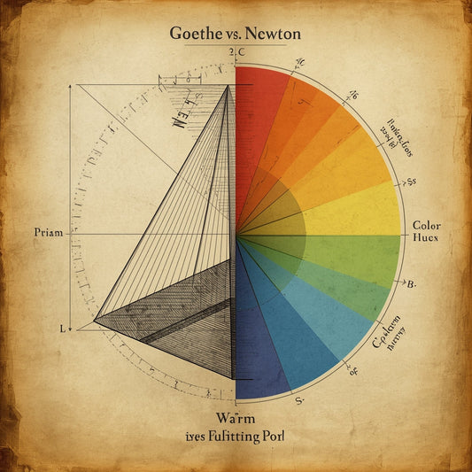 Newton vs. Goethe: Diagram of a prism beside a psychological color wheel contrasting warm and cool hues.