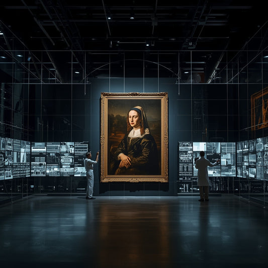 Gigapixel scan of Rembrandt’s “The Night Watch” displayed on digital monitors inside a glass lab at the Rijksmuseum, symbolizing AI-assisted conservation.