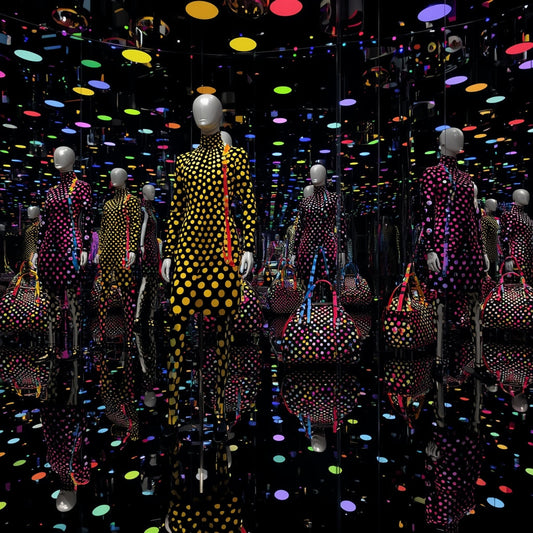 Yayoi Kusama Infinity Dots installation for Louis Vuitton, mirrored walls and bright lights.