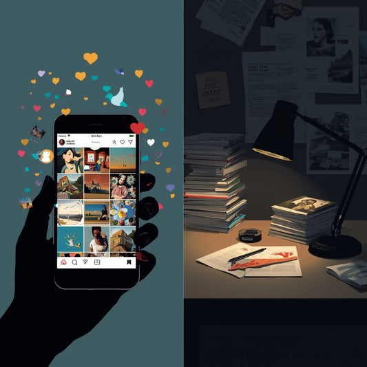 Split-screen of an Instagram feed overflowing with likes vs. a critic’s desk covered in books and notes—symbolizing hype versus analysis in art criticism.