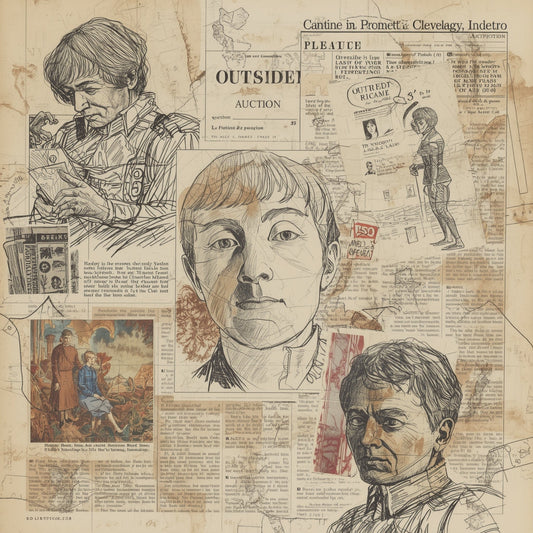 Abstract collage inspired by Art Brut and Outsider Art, dense hand-drawn textures, naïve figures, and raw mark-making layered over muted archival tones, evoking the tension between marginal creativity and the institutional art market.