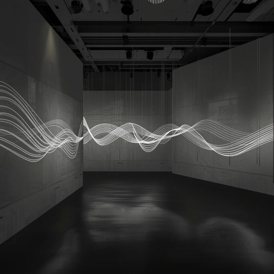 Abstract sound waves forming architectural shapes inside a dark gallery, with floating speaker-like sculptures creating invisible spatial contours.