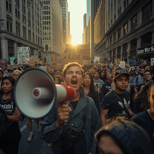 Collage of a protest march where painted banners merge with mural fragments and a raised megaphone—symbolizing art fused with activism in public space.
