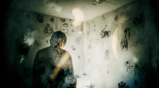 Illustration of a visionary artist surrounded by dense, symbolic drawings, representing the raw psychological intensity of Outsider Art.