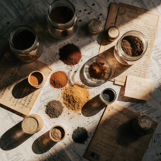 Abstract collage of historical paint pigments, crushed minerals, tubes of oil paint, and color charts on a studio table, evoking the economic and material history of art pigments.