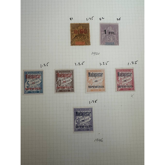 Madagascar Tax &amp; Postal Stamps – 7 Piece Lot (1921 & 1896 Issues)