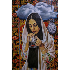 Woman in white scarf drinking from a glass with red flower
