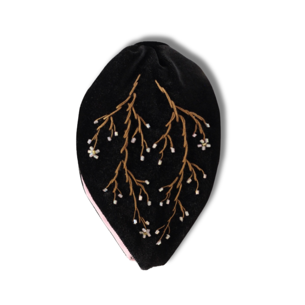 Black Blossom Velvet Headband, Handmade Stylish Hairband – Fashion Statement Piece for Women
