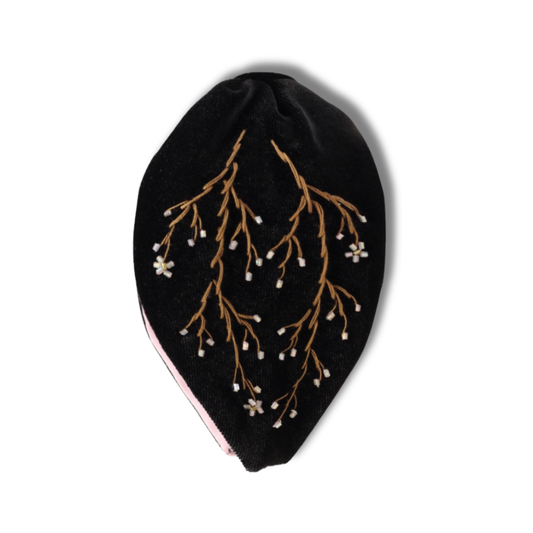 Black Blossom Velvet Headband, Handmade Stylish Hairband – Fashion Statement Piece for Women