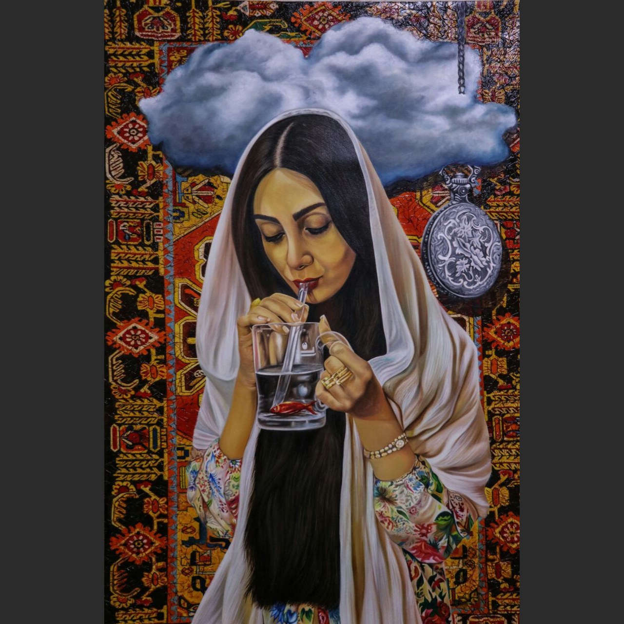 Surreal painting of a woman in a white veil sipping from a glass of water containing a red flower petal, set against a detailed Persian carpet background with a hanging pocket watch and a cloud above her head.
