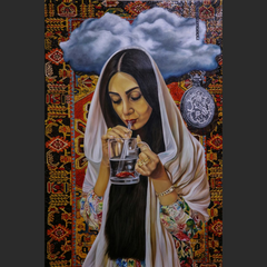Surreal painting of a woman in a white veil sipping from a glass of water containing a red flower petal, set against a detailed Persian carpet background with a hanging pocket watch and a cloud above her head.

